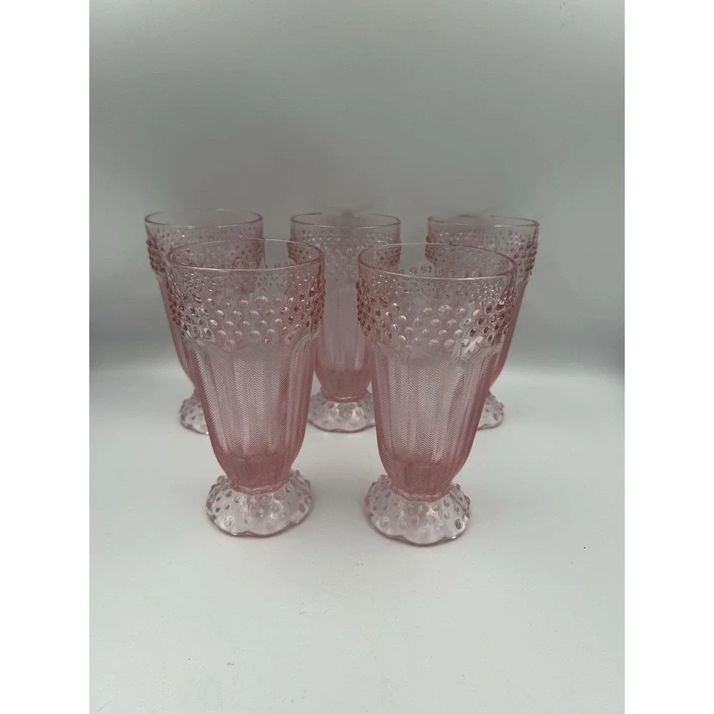 Set of 5 Gorham Crystal Emily's Attic Pink Hobnail Water Goblets Footed Glasses